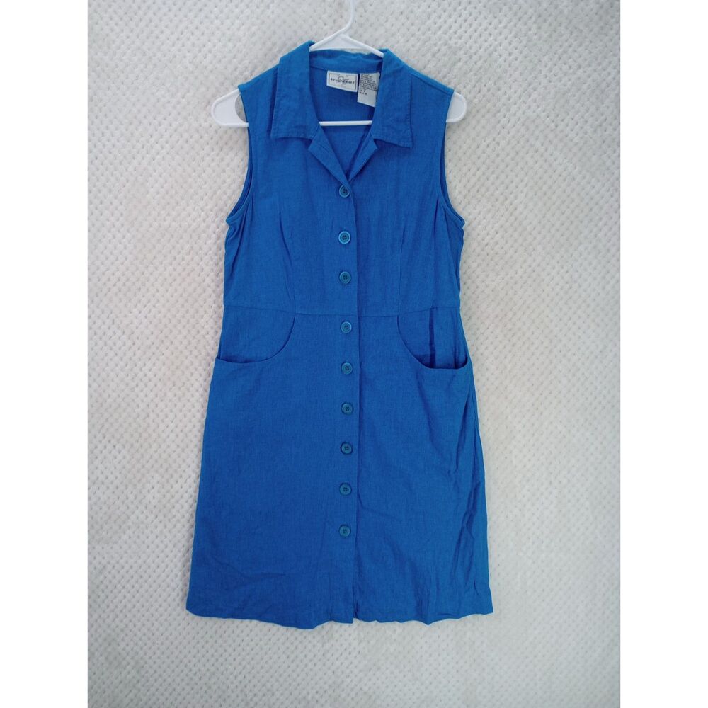 Linen Blend Sleeveless Shirt Dress Women's 6 Full Button Front Turquoise